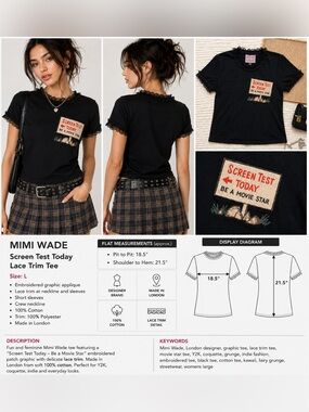 Mimi Wade Black Screen Test Today Graphic Tee Lace Trim Cotton T-Shirt Size L